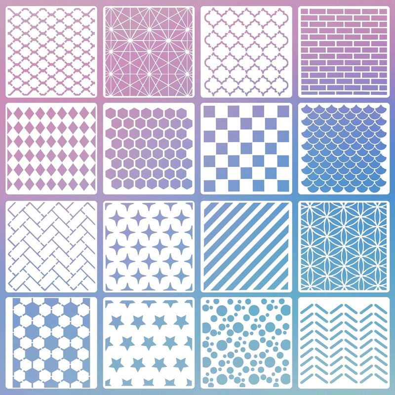 Resflyar 16 PCS 6 Inch Checks Diamond Stencils, Brick Mermaid Scale Reusable Plastic Paint Templates for Painting on Wood, Geometric Star Shape Stencils for Furniture Fabric Wall DIY Crafts Decorations - Image 1